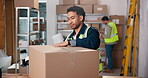 Logistics, packaging or man with tape in warehouse for  product distribution, cargo or shipping process. Order delivery, transport box and employee seal parcel for courier, supply chain and dispatch.