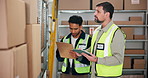 Men, warehouse and inspection with tablet for logistics, quality control and supply chain or ecommerce. Distribution officer, teamwork and clipboard for stock inventory, online order or shipping