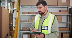 Logistics, cargo or man with tablet in warehouse for inventory management, shipping or export. Dispatcher, stylus and distribution app at depot for order inspection, quality control and supply chain