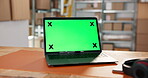 Logistics, green screen or laptop in storage for mock up, stock or inventory management in ux design. Distribution, chroma key or trade in depot with tech, export or cargo check in service delivery.