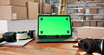 Logistics, green screen or laptop in storage unit for mockup, stock or inventory management in ux design. Distribution, chromakey or trade in depot with tech, service or export check in digital order