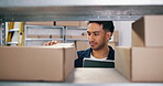 Tablet, warehouse worker and man at shelf with box for shipping, supply chain and stock sale. Technology, logistics and happy person check package for inventory storage, ecommerce or distribution