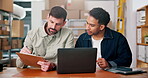 Clipboard, collaboration and laptop with logistics team in warehouse for delivery or distribution. Documents, planning and supply chain with people in shipping depot for tracking of online order