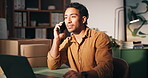 Man, laptop and phone call in office with supply chain for ecommerce, startup and small business. Entrepreneur, talking and side hustle in house with tech for contact, online shop and stock delivery.