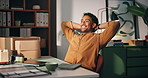 Relax, smile and thinking with man in logistics office for delivery, distribution or shipping. Break, hands behind head and supply chain with happy person at desk to complete ecommerce schedule