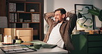 Laptop, relax and thinking with man in logistics office for delivery, distribution or shipping. Computer, hands behind head and supply chain with happy person at desk to complete ecommerce schedule