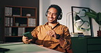 Happy, man and headphones with phone at house for streaming audio, listening to music and podcast. Male person, dancing and mobile app with latest album, vibing to song and rhythm for entertainment