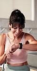 Happy, athlete and woman with smart watch, gym and checking exercise progress and heart rate on app. Performance, results and mature person with tech for workout goals, smile or fitness update on web