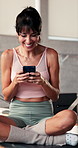 Phone, laugh and woman in pilates class for fitness, reading meme or social media break. Tech, exercise and person at gym club for communication, funny notification and typing text with online app