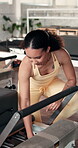 Fitness, setup or woman in studio with reformer, preparation or spring change for pilates training. Start, safety check and athlete in gym with machine, core or mobility workout in body wellness.
