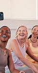 Woman, friends and selfie at pilates club with smile, break and post memory on web for wellness. Person, group and happy with photography, excited or profile picture for social media at fitness class