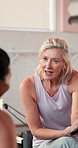 Phone, pilates and talking with women in studio for social media, fitness post and bonding. Online update, wellness and yoga class with group of friends in club for workout blog, support and health