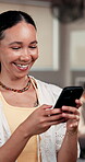 Smile, phone and reading with woman in pilates studio for social media, workout post and online. Communication, fitness update and exercise with person in club for wellness, health and connection