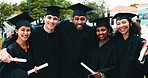 Face, group and happy for graduation, university or ceremony for academic success, pride and outdoor. College, celebration and people with certificates for achievement, embrace and education goals