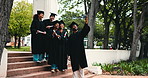 Group, selfie and happy for graduation, university or ceremony for academic achievement and students. College, celebration and people with robes for success, photography and smile for education goals