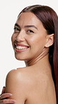 Smile, face and shoulder touch with woman for skincare, wellness and glow for self care in studio. Healthy skin, clean aesthetic or makeup with natural dermatology and portrait on white background