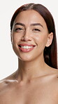 Face mist, skincare or woman with smile in studio, natural beauty or hydration for wellness glow. Portrait, person or dermatology with spray for skin shine, self care and brighten on white background