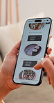 Hands, menu scrolling and phone screen with person in living room of home for online shopping. App, ecommerce and mobile search with woman in apartment for food, meal or supper choice and decision