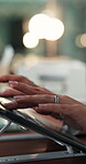 Hands, laptop and typing with business woman in office for financial email, feedback or report. Accounting, computer and keyboard with employee at work for finance, investment or risk management