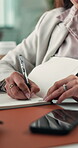 Phone, secretary or hands writing in notebook, meeting minutes or record keeping of discussion. Communication, bokeh or woman receptionist with tech at work, schedule documentation or task management