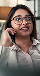Phone call, communication or woman in office for investment opportunity, negotiation and proposal. Talking, deal contract and finance advisor with tech for connection, laugh and network with investor