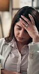 Stress, headache and worry with business woman for court case deadline, legal error and report. Contract clause, mistake and application crisis with frustrated person in agency for liability briefing