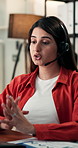 Business woman, consultant and call center with headset in office for proposal or virtual assistance. Female person, agent or talking with mic for online discussion, help or negotiation in workplace