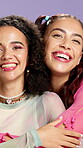 Friends, hug and happy with makeup face for cosmetics, bonding or gen z for makeover together in studio. Youth aesthetic, facial glow and people laugh in embrace with beauty on purple background