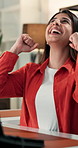 Happy woman, celebration and fist pump with laptop for good news, promotion or bonus in office. Excited, female person or winner with smile on computer for business success or winning in workplace