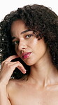 Face, proud and woman for skincare in studio with beauty, smooth texture and natural shine. Portrait, person and confident with healthy skin, dermatology results and facial glow on white background