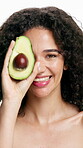 Avocado, dermatology and face of woman in studio for skincare, treatment and cosmetics for smile. Portrait, fruit and model with diy facial, organic or skin detox with cleaning on white background