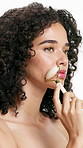 Face roller, beauty and woman in studio with cosmetic, shine and lymphatic drainage. Model, antiaging and tool for wellness, grooming routine or skincare for dermatology aesthetic on white background