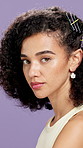 Face, hair care and woman in studio, beauty and texture with keratin on purple background. Volume, shine and person with glow, grooming and cosmetics with aesthetic, skincare and wellness with pride