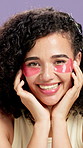Beauty, face and girl with eye patches in studio for dark circles, hydration or product review. Skincare influencer, gen z person or happy with cosmetic pads on purple background for depuff treatment