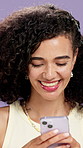 Girl, phone and laugh with texting in studio with funny chat, gossip or meme on background. Gen z  woman, smartphone and fashion with contact, story or smile at post on social network with mobile app
