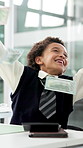 Business, boy or happy with money rain in office for salary increase, company profit or celebration. Success, professional kid or excited with cash for junior promotion, financial freedom or earnings