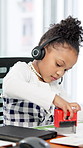 Business, call center and child in office for playing, contact and virtual assistance at desk. Corporate, stamp documents and girl pretend with headset for customer service, online support and help