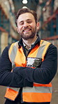 Face, supply chain and man in warehouse, arms crossed and smile with logistics, confidence and shipping. Person, happy and employee in factory, distribution and manufacturing with career ambition