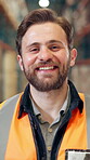 Happy, man and logistics in factory, face and confident for stock distribution, export and shipping. Warehouse, industrial engineer and person with smile for supply chain, storage and commerce in USA