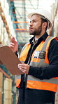 Man, engineer and checking stock with clipboard in warehouse for logistics or storage checklist. Male person, manager or writing with inspection for inventory management or quality assurance in depot