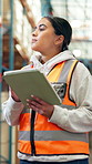 Internet, supply chain and woman in warehouse, tablet and digital app for inventory. Person, employee and inspector in factory, tech and export report with distribution, stock management and network