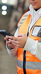 Hands, phone and woman in warehouse for logistics, shipping and distribution with email, website or contact. Supply chain, typing and person on smartphone for internet, networking and communication