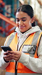 Happy, phone and woman in warehouse for logistics, shipping and distribution with email, website or contact. Supply chain, storage and person on smartphone for internet, networking and communication