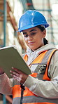 Shipping, tablet and woman in warehouse for supply chain, delivery inventory and quality control. Distribution, logistics and person on digital tech for inspection report, stock checklist and cargo