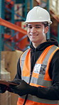 Logistics, man and clipboard in factory, face and happy for stock distribution, export and shipping. Warehouse, industrial engineer and person with smile for supply chain, pride and inventory in USA