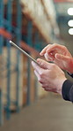 Hands, supply chain and man in factory, tablet and digital app for inventory. Person, employee and inspector with tech, inspection and internet with distribution, stock management and export report