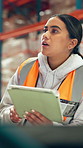 Logistics, woman and inventory with tablet in warehouse for quality control, cargo inspection or shipping. Supply chain, picker and database for order management, backlog update or stock distribution