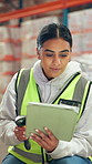Logistics, tablet or woman with scanner in warehouse for inventory update, cargo accuracy or shipping. Supply chain, picker and distribution database for stock management, storage system and picking