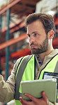 Checklist, supply chain and man in warehouse, tablet and digital app for inspection. Person, logistics and inspector in factory, tech and internet with distribution, stock management or export report