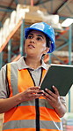Tablet, woman and walk in warehouse for inventory inspection, shipping or thinking of logistics. Technology, distribution worker and person planning storage for stock, supply chain or check schedule